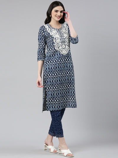 Neerus Blue Regular Straight Printed Kurta And Trousers With Dupatta