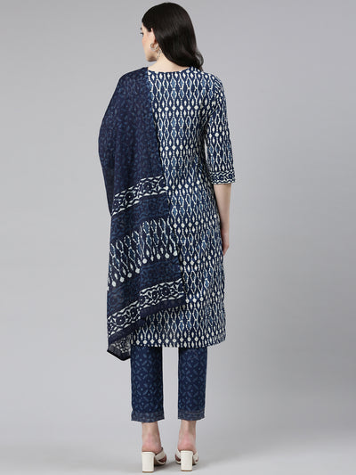Neerus Blue Regular Straight Printed Kurta And Trousers With Dupatta