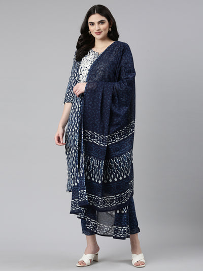 Neerus Blue Regular Straight Printed Kurta And Trousers With Dupatta