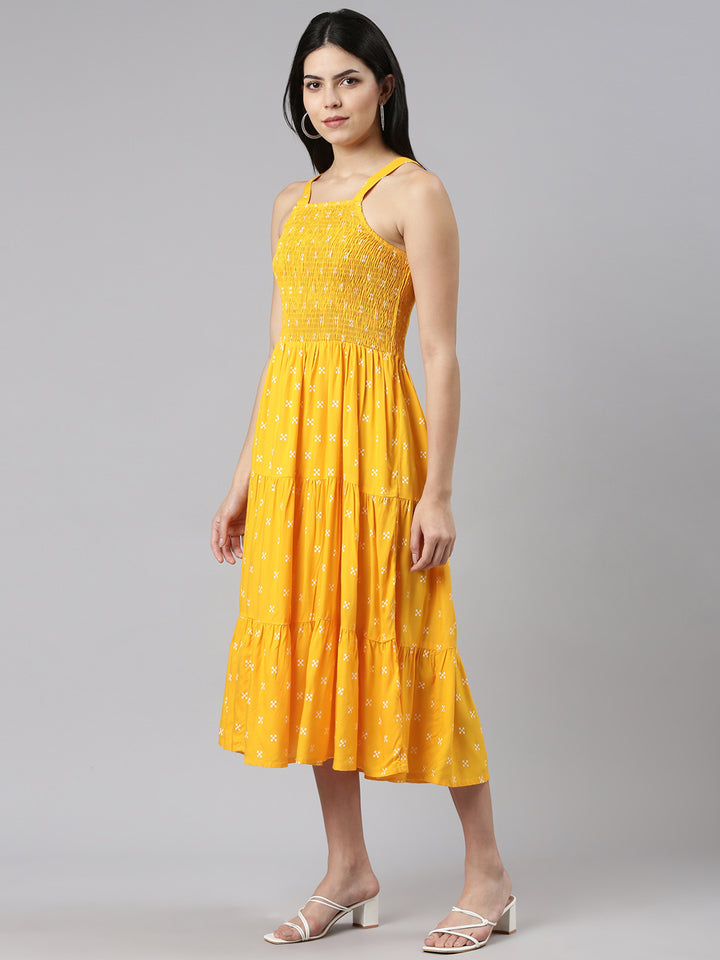 Neerus Mustard Straight Casual Floral Dresses