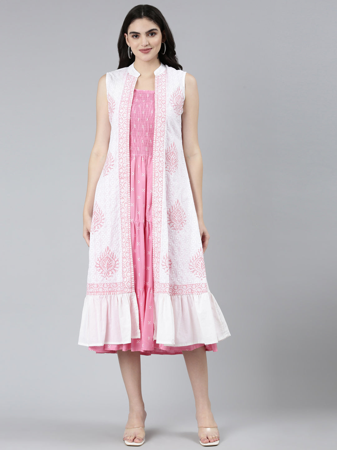 Neerus Pink Straight Casual Floral Dresses
