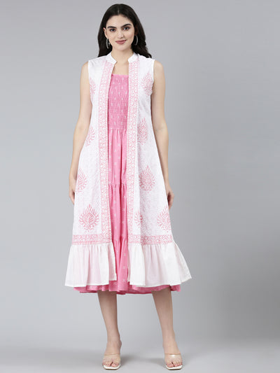 Neerus Pink Straight Casual Floral Dresses