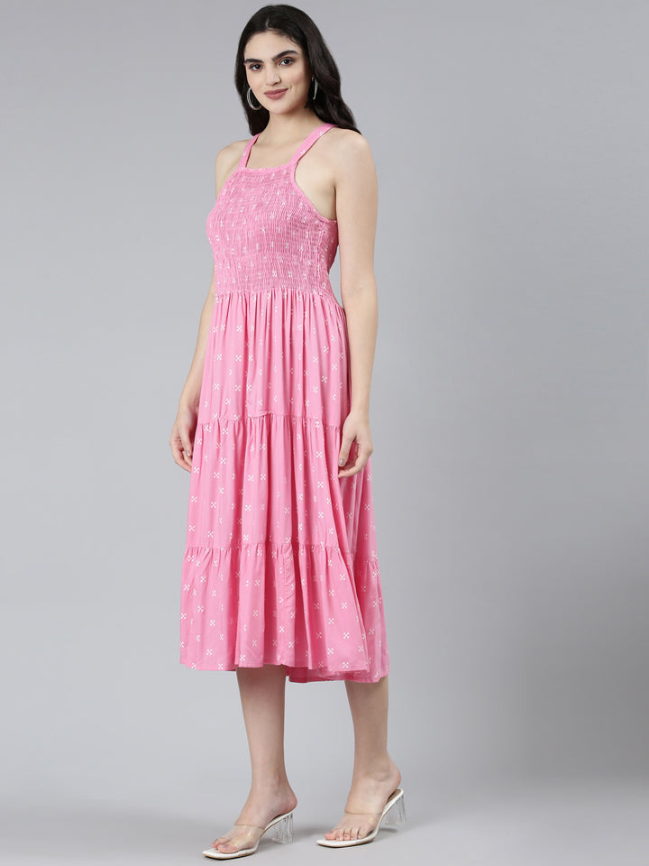 Neerus Pink Straight Casual Floral Dresses