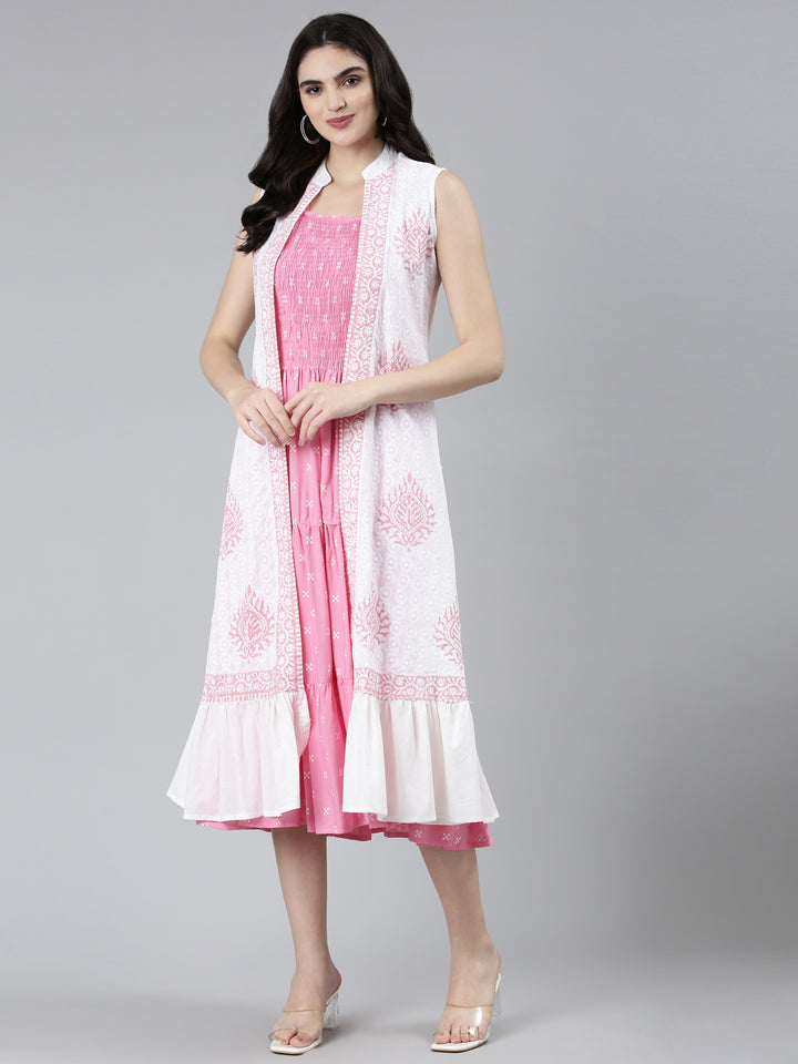 Neerus Pink Straight Casual Floral Dresses