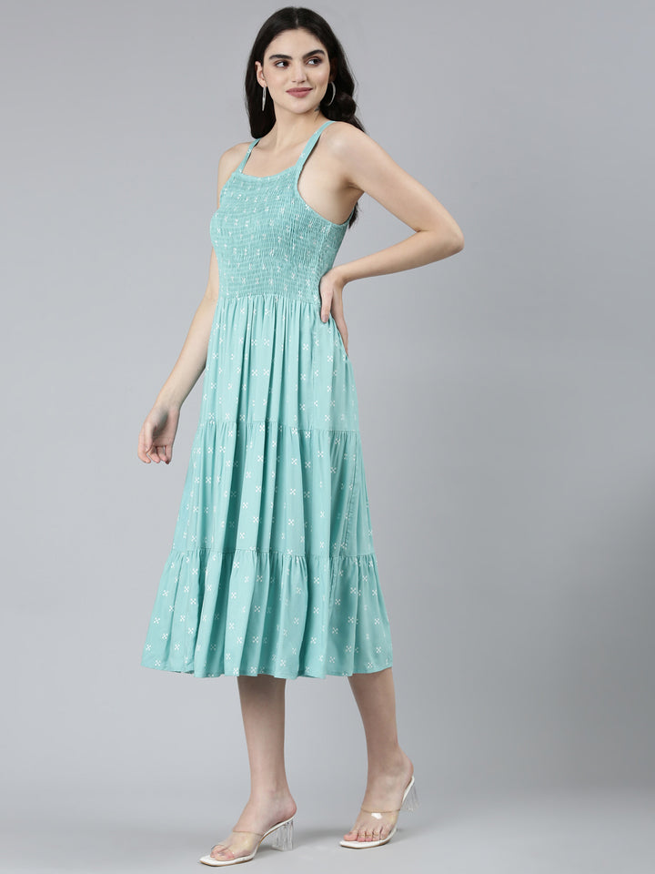 Neerus Green Straight Casual Floral Dresses