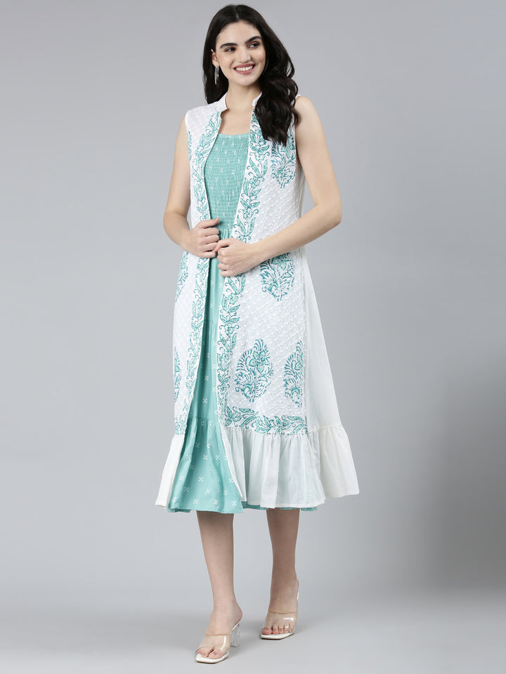 Neerus Green Straight Casual Floral Dresses