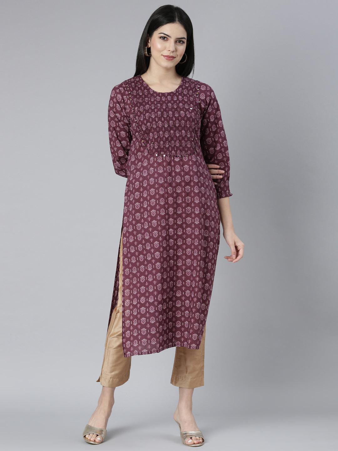 Neerus Purple floral printed straight kurti - front view