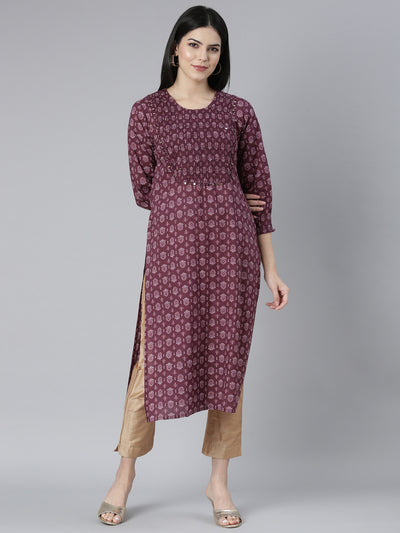 Neerus Purple Regular Straight Floral Kurtas