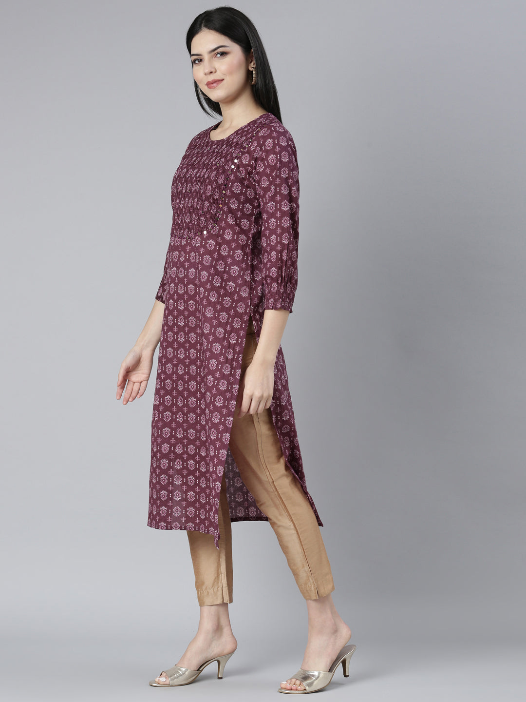 Neerus Purple floral printed straight kurti - back view