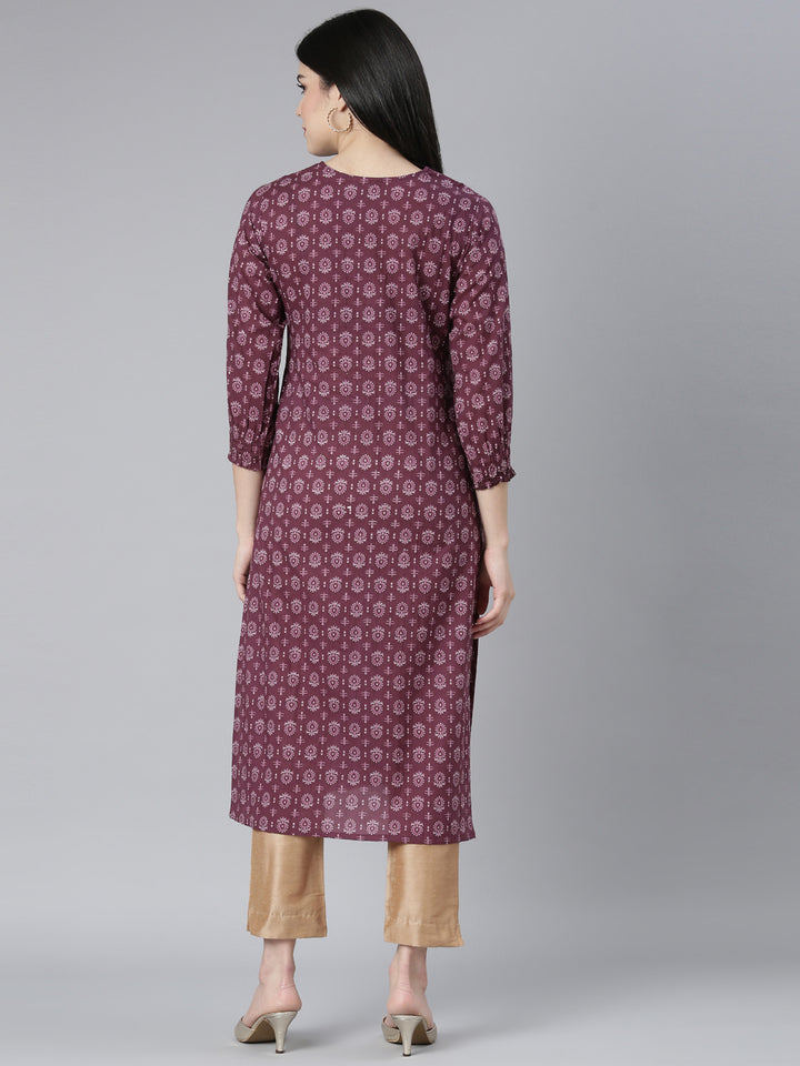 Neerus Purple floral printed straight kurti - side view