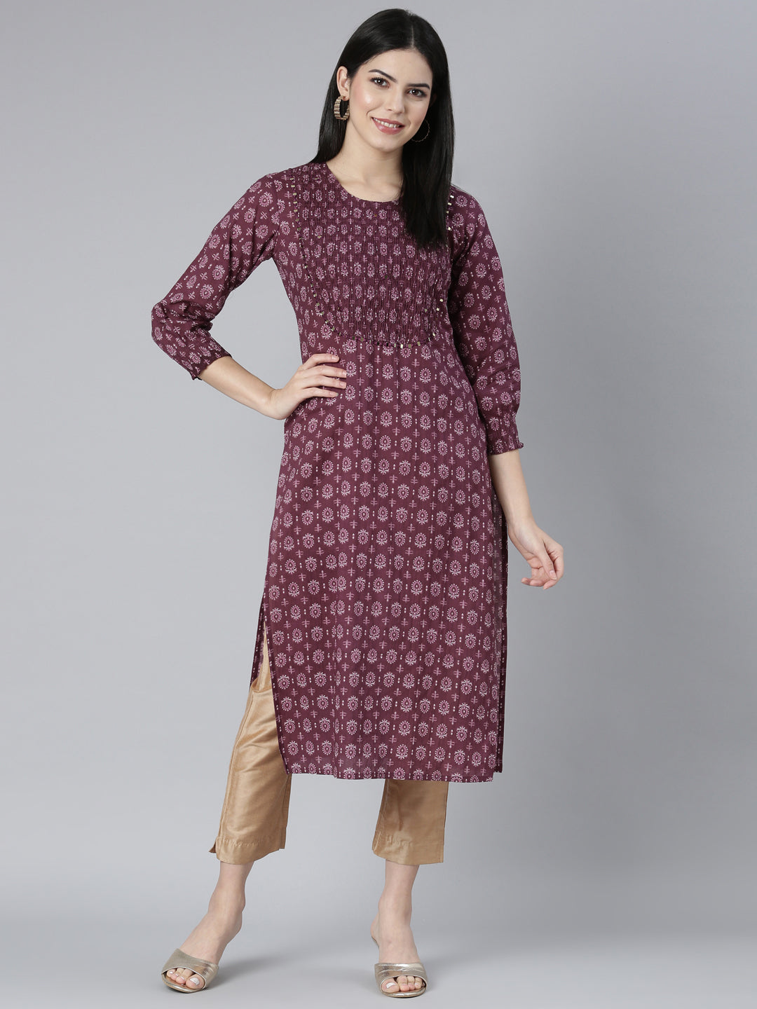 Neerus Purple floral printed straight kurti - detail view 2