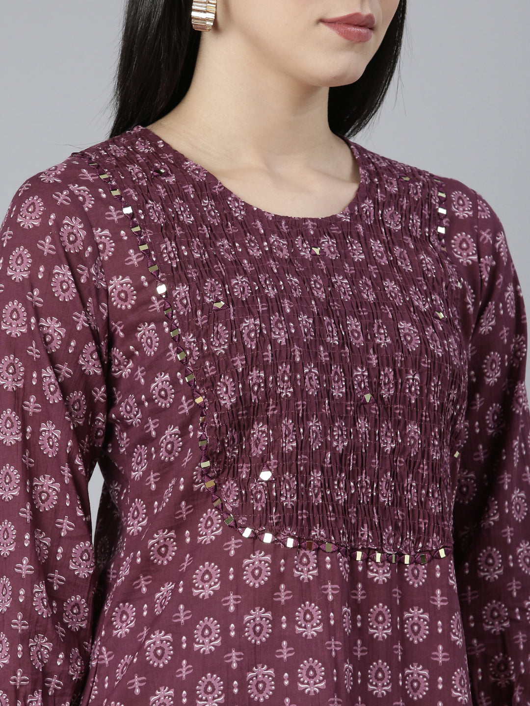 Neerus Purple floral printed straight kurti - detail view 1