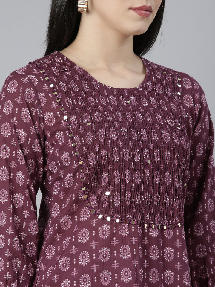 Neerus Purple floral printed straight kurti - detail view 1
