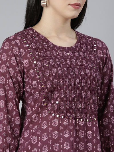 Neerus Purple Regular Straight Floral Kurtas