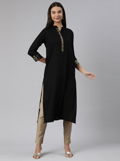 Neeru's Black Regular Straight Solid Kurtas