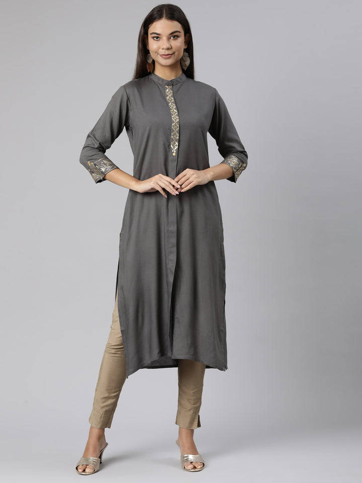 Neerus Grey Regular Straight Solid Kurta