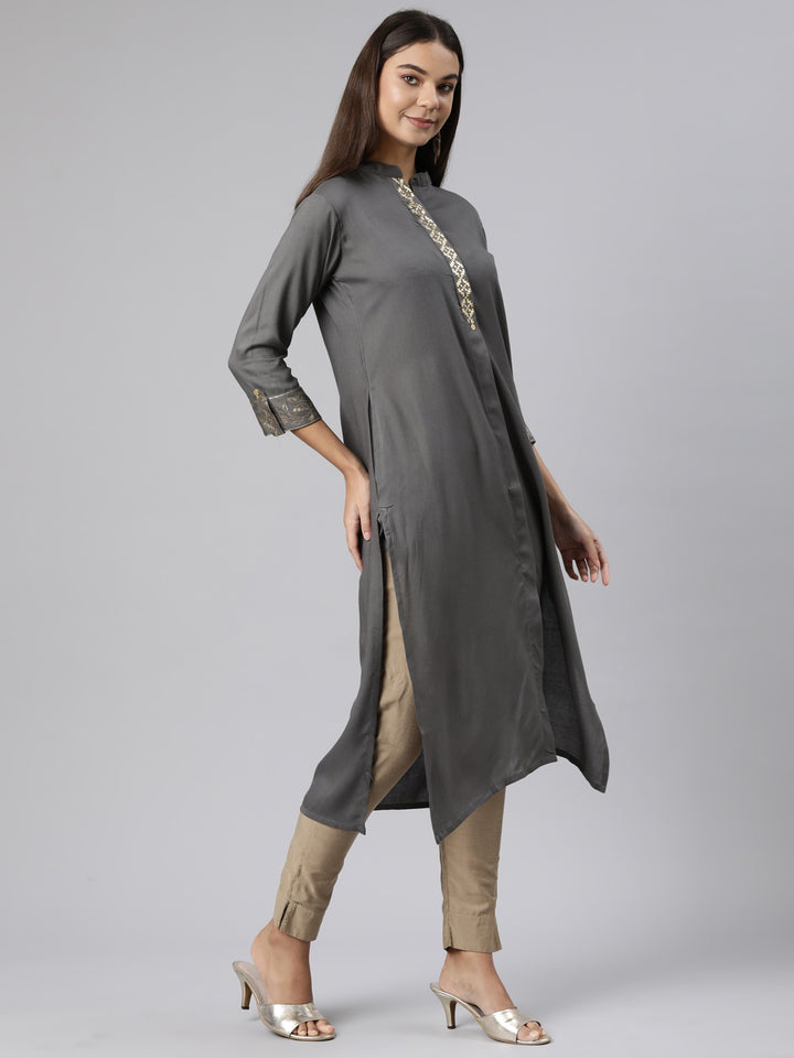 Neerus Grey Regular Straight Solid Kurta