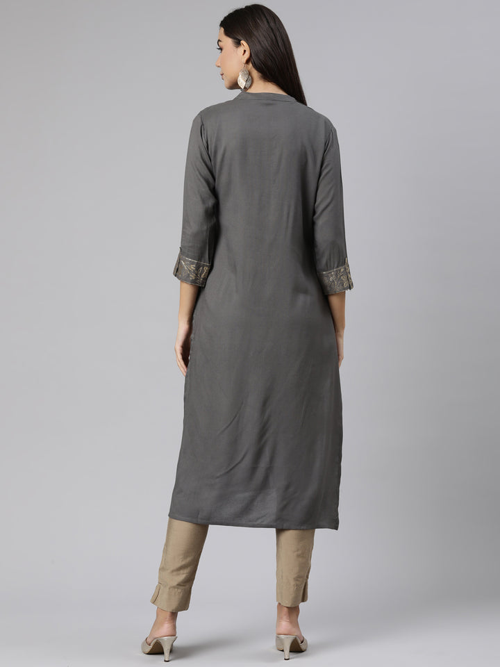 Neerus Grey Regular Straight Solid Kurta