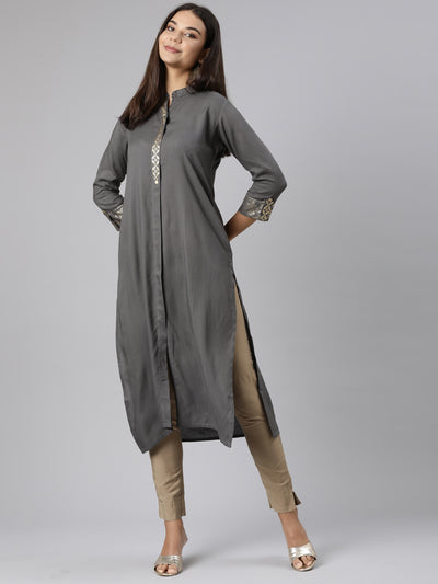 Neeru's Grey Regular Straight Solid Kurtas