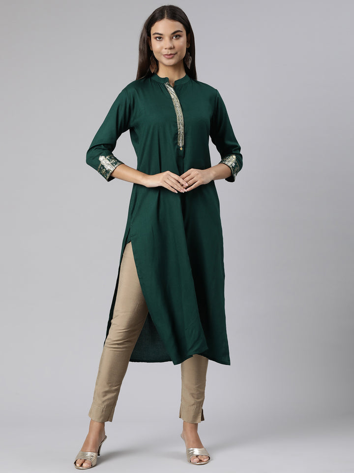 Neerus Green Regular Straight Solid Kurta