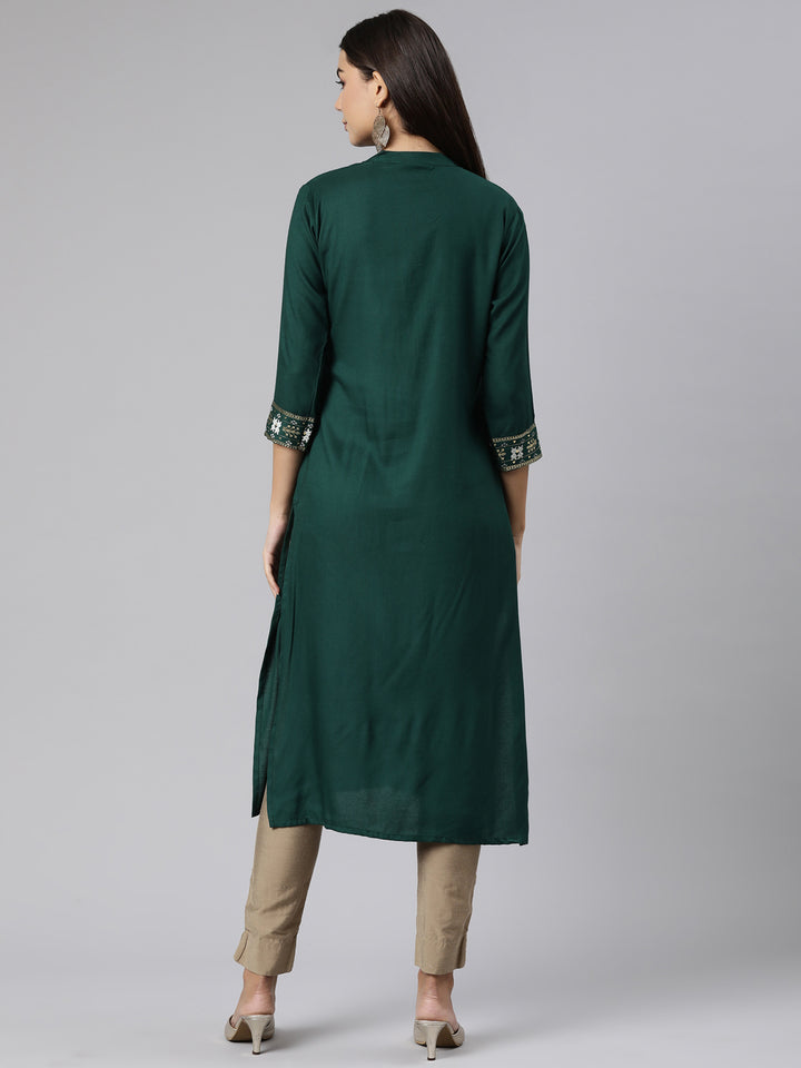 Neerus Green Regular Straight Solid Kurta