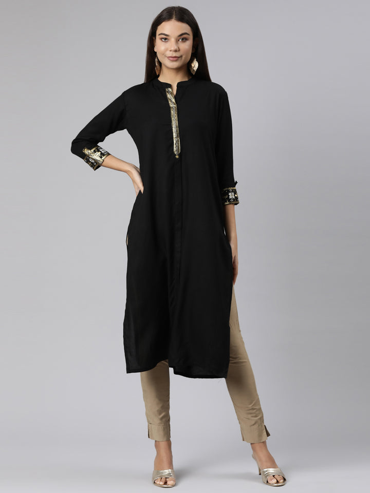 Neerus Black solid straight kurti - front view