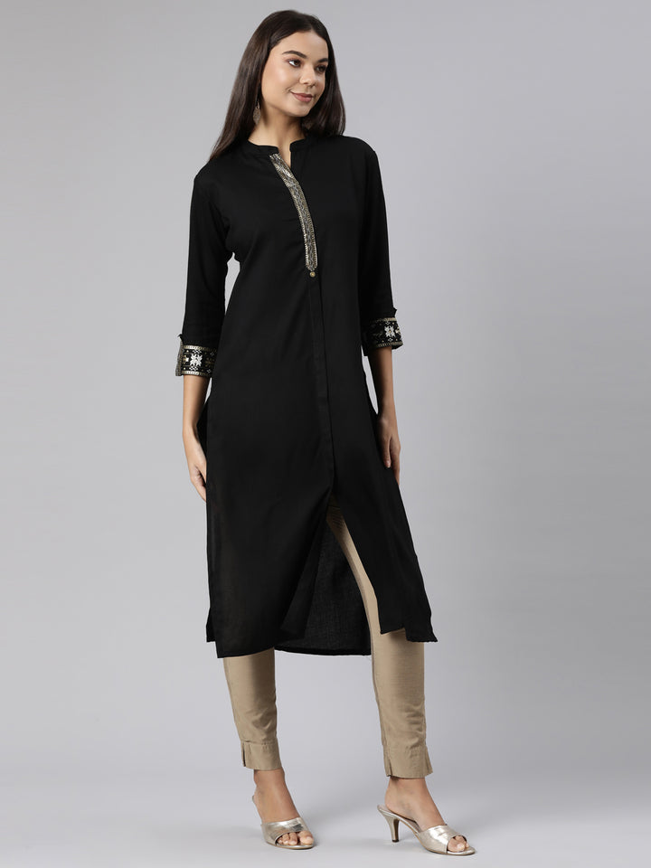 Neerus Black solid straight kurti - back view