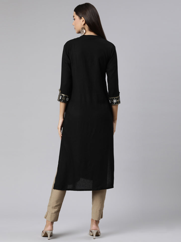 Neerus Black solid straight kurti - side view