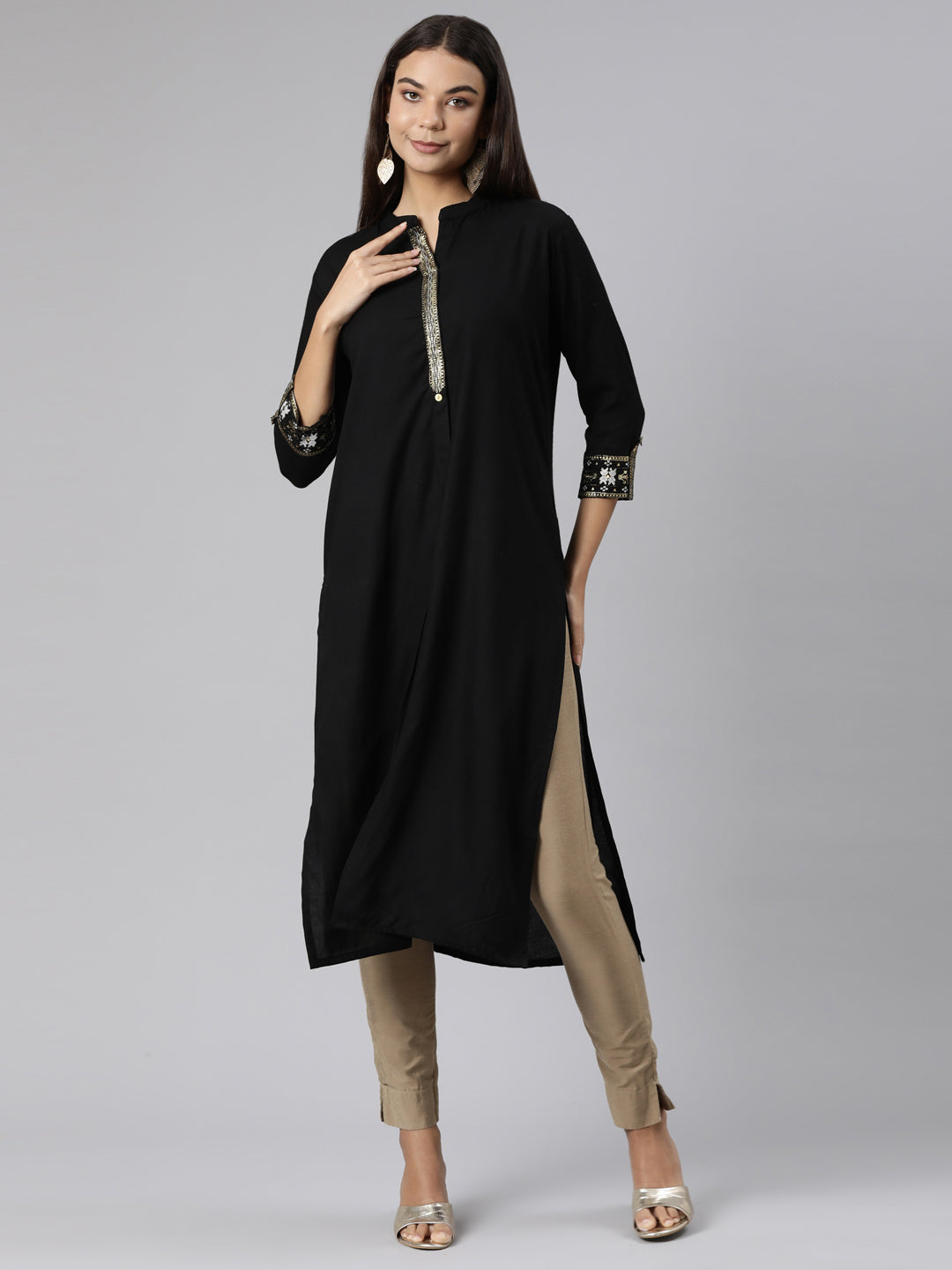 Neerus Black solid straight kurti - detail view 2