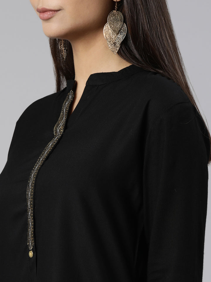 Neerus Black solid straight kurti - detail view 1