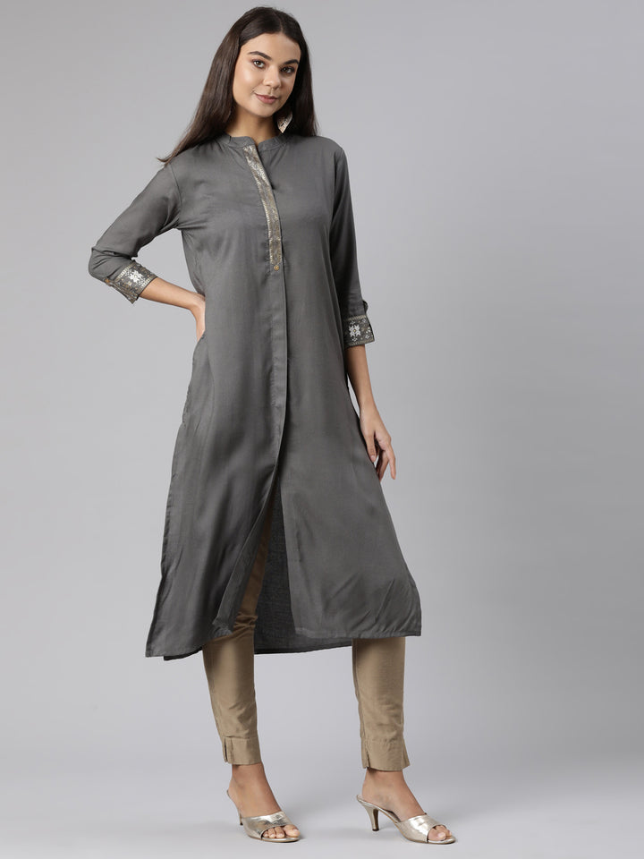 Neerus Grey Regular Straight Solid Kurta