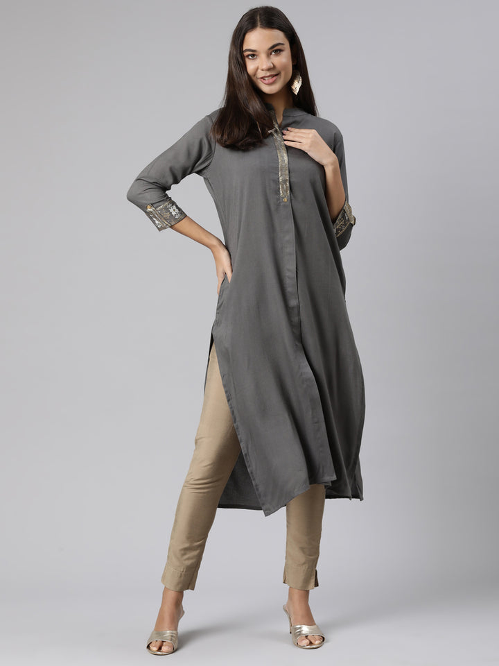 Neerus Grey Regular Straight Solid Kurta