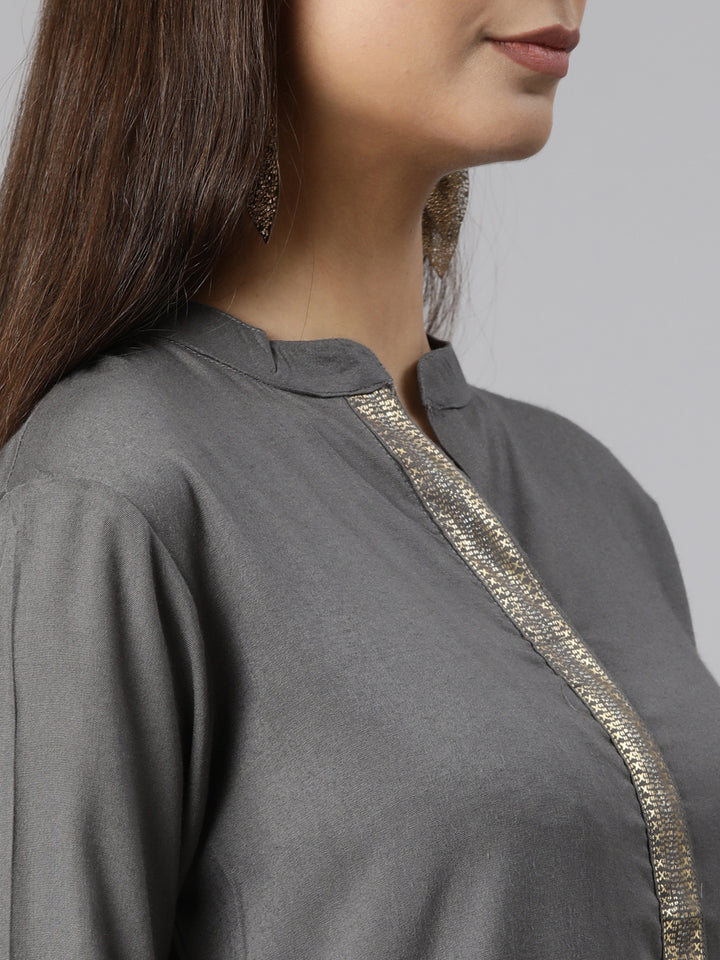 Neerus Grey Regular Straight Solid Kurta