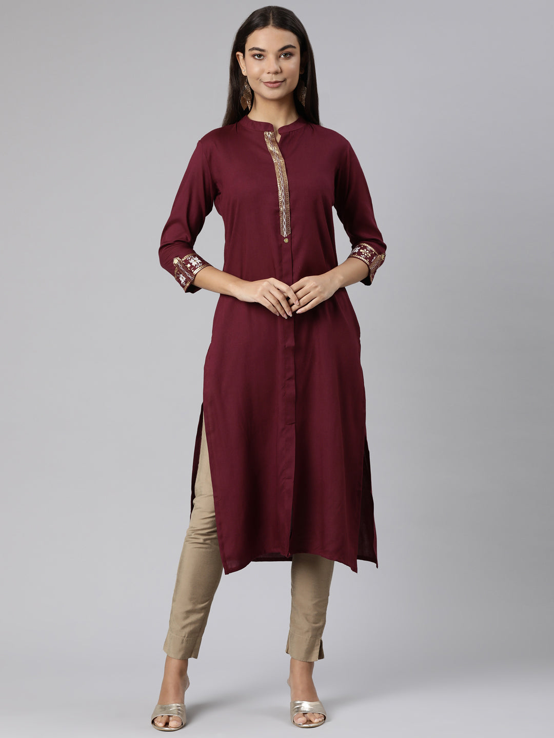 Neerus Purple solid straight kurti - front view