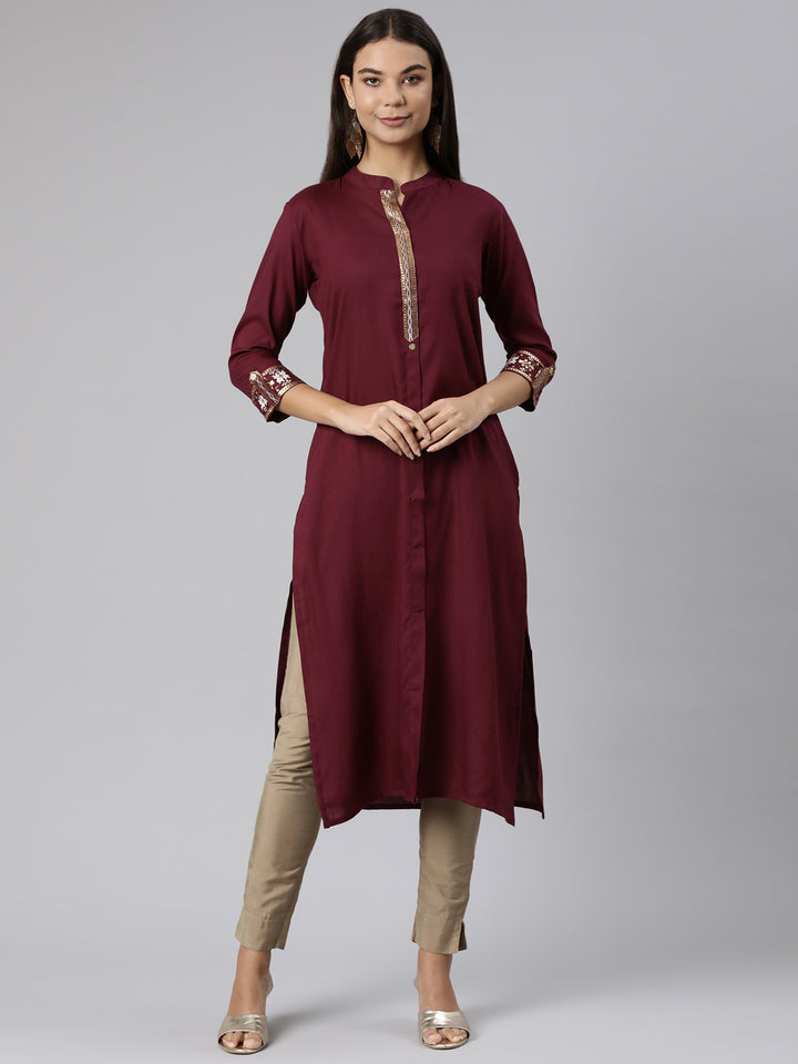 Neerus Purple solid straight kurti - front view