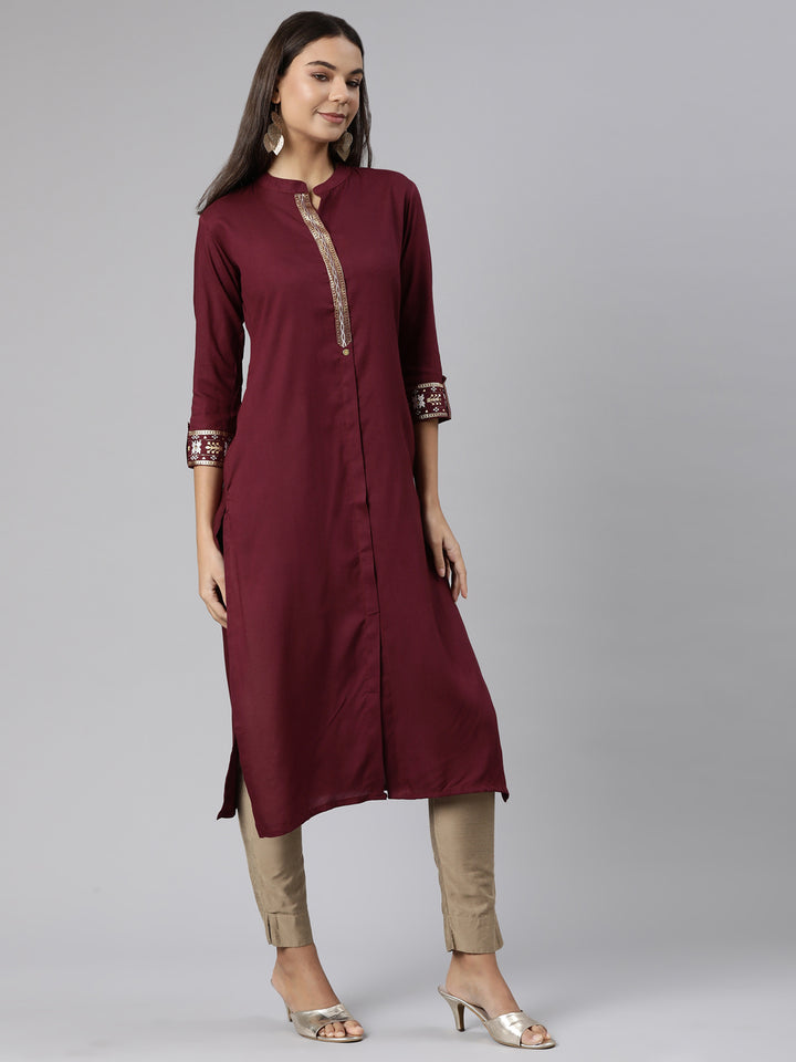 Neerus Purple solid straight kurti - back view