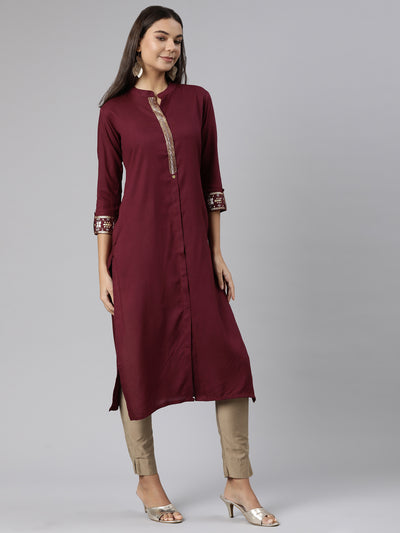 Neeru's Purple Regular Straight Solid Kurtas