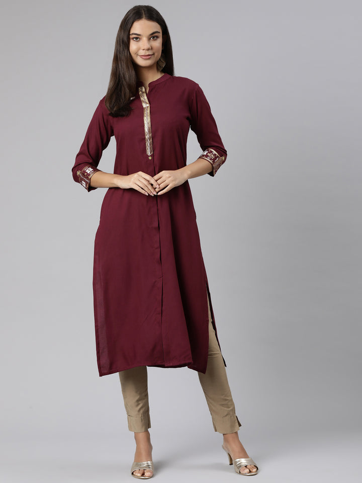 Neerus Purple solid straight kurti - detail view 2