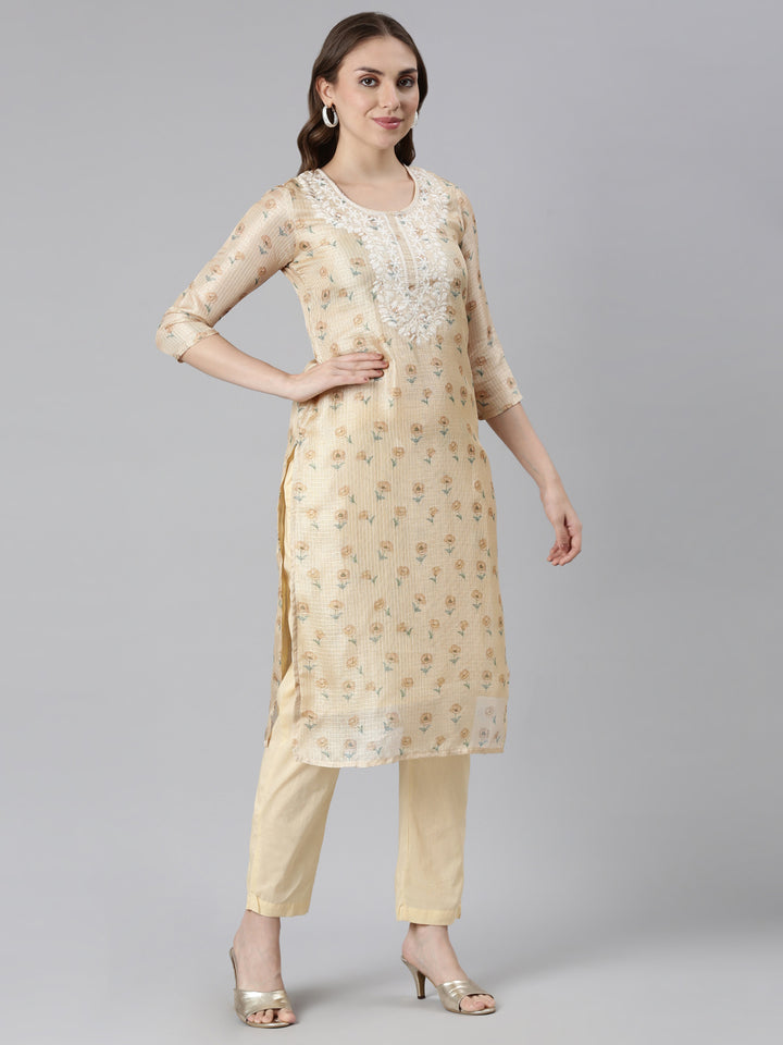 Neerus Beige Regular Straight Printed Kurta and Trousers With Dupatta