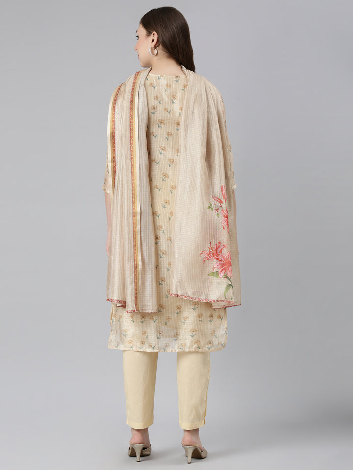 Neerus Beige Regular Straight Printed Kurta and Trousers With Dupatta