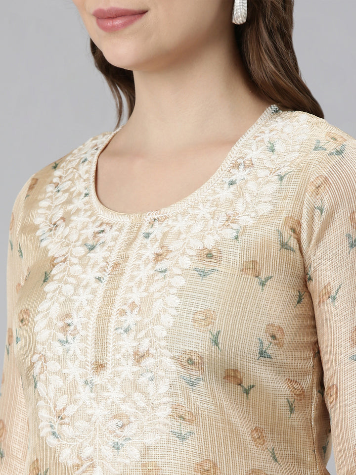 Neerus Beige Regular Straight Printed Kurta and Trousers With Dupatta