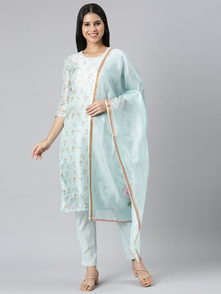 Neerus Green Regular Straight Printed Kurta and Trousers With Dupatta