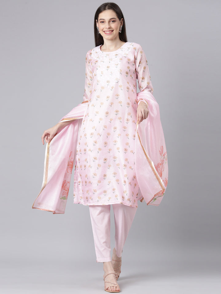 Neerus Pink Printed Straight Kurta and Trousers With Dupatta