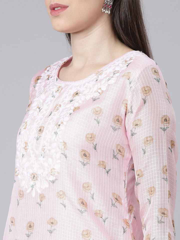 Neerus Pink Printed Straight Kurta and Trousers With Dupatta