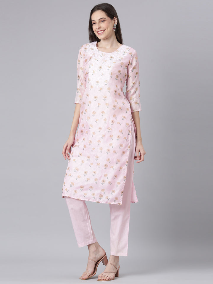 Neerus Pink Printed Straight Kurta and Trousers With Dupatta