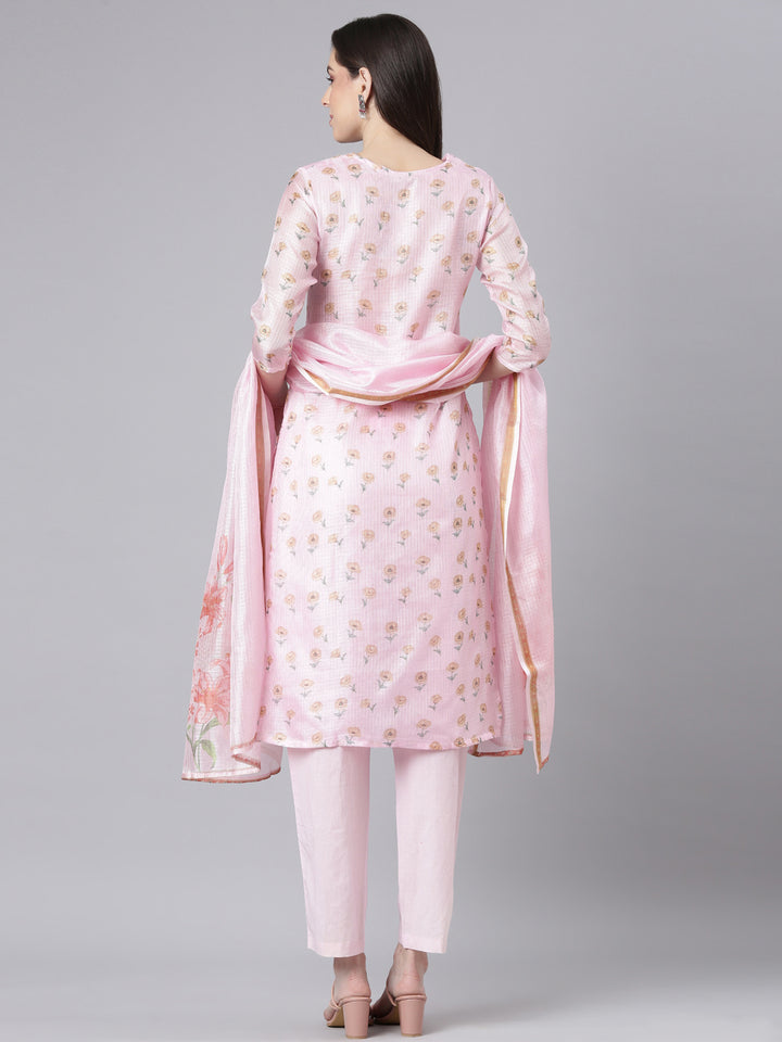 Neerus Pink Printed Straight Kurta and Trousers With Dupatta