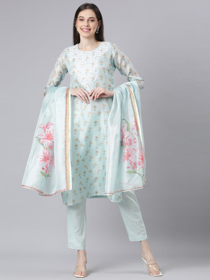 Neerus Lime Green Printed Straight Kurta and Trousers With Dupatta