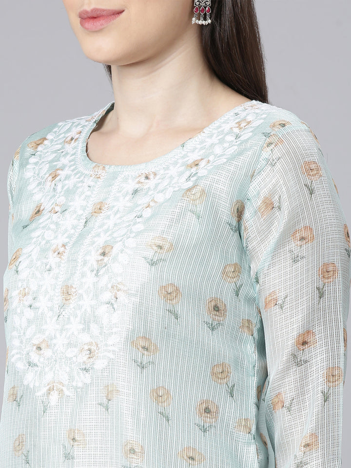 Neerus Lime Green Printed Straight Kurta and Trousers With Dupatta