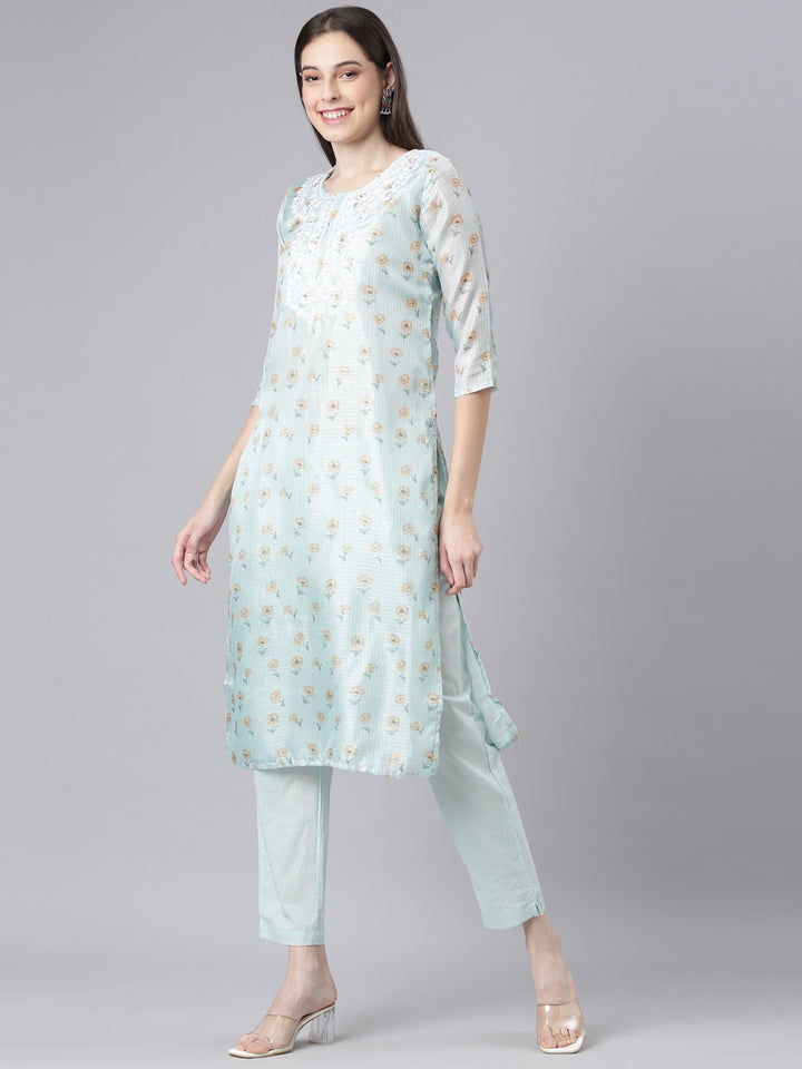 Neerus Lime Green Printed Straight Kurta and Trousers With Dupatta