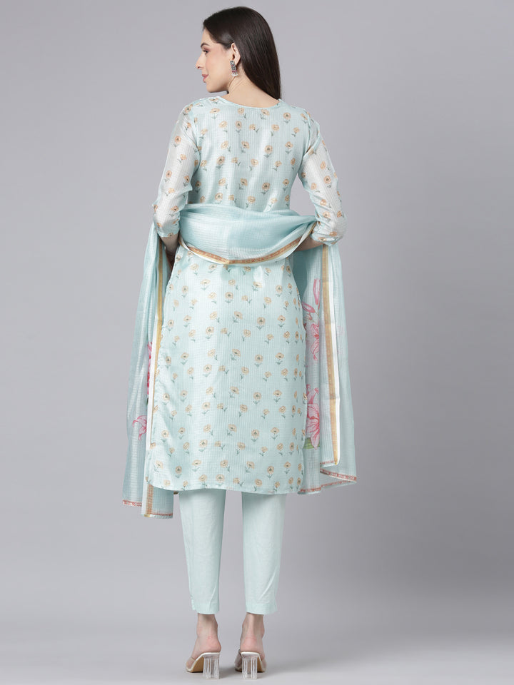 Neerus Lime Green Printed Straight Kurta and Trousers With Dupatta